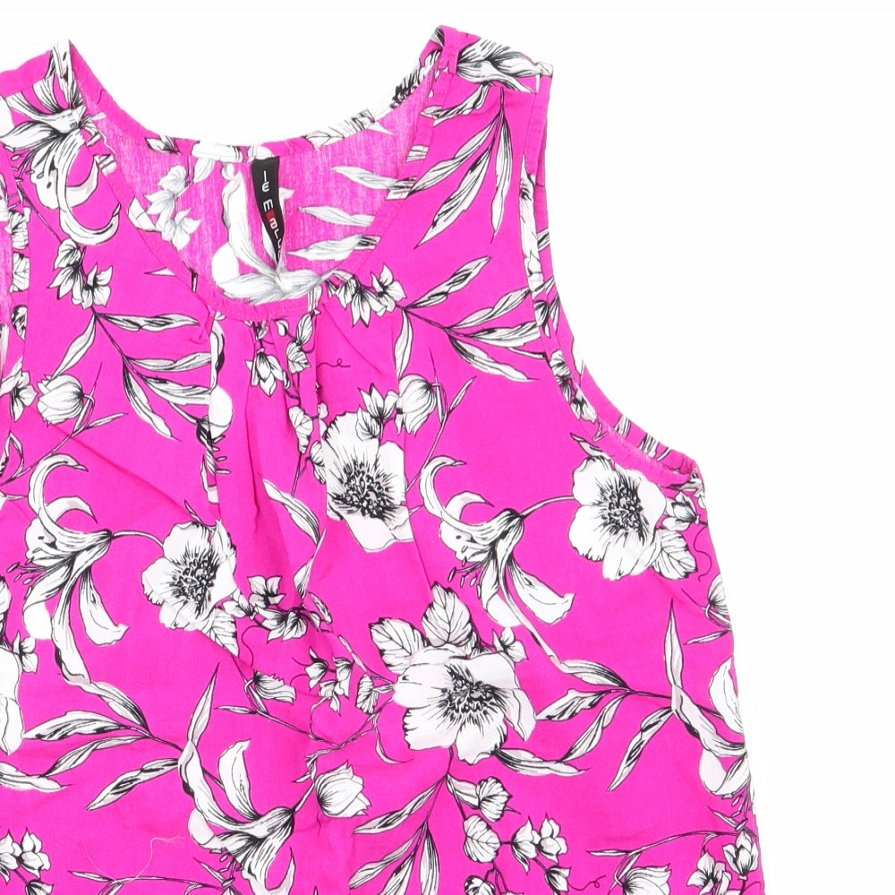 Le Macro Womens Pink Floral  Basic Blouse Size S Round Neck - White Grey Flowers Cerise