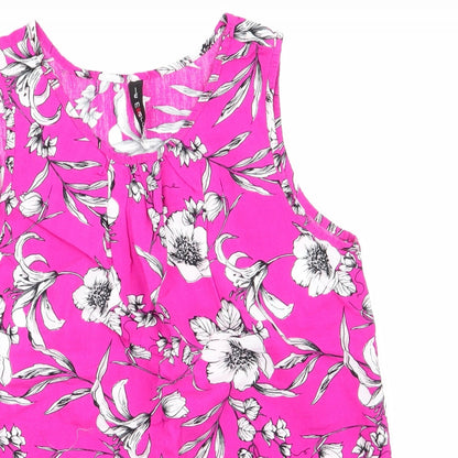 Le Macro Womens Pink Floral  Basic Blouse Size S Round Neck - White Grey Flowers Cerise