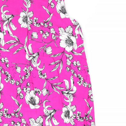 Le Macro Womens Pink Floral  Basic Blouse Size S Round Neck - White Grey Flowers Cerise