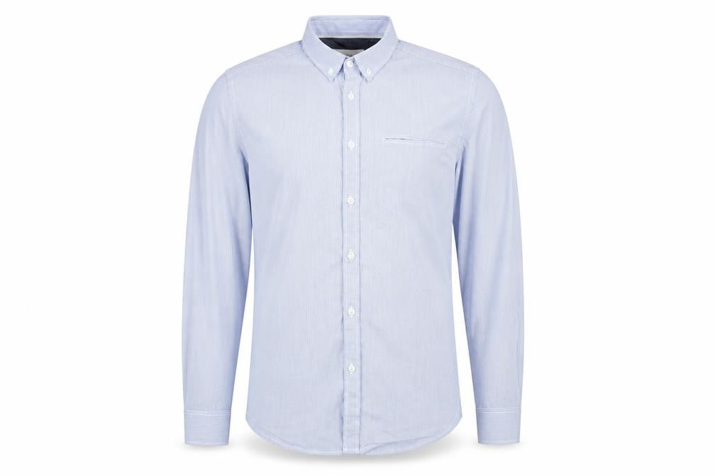Front view of Burtons Menswear men’s blue striped cotton button-up, size M, collared - fine blue stripe buttoned collar