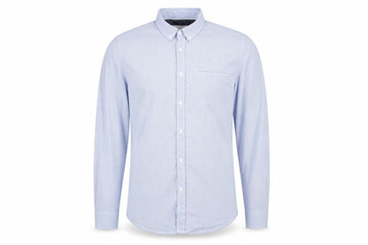Front view of Burtons Menswear men’s blue striped cotton button-up, size M, collared - fine blue stripe buttoned collar