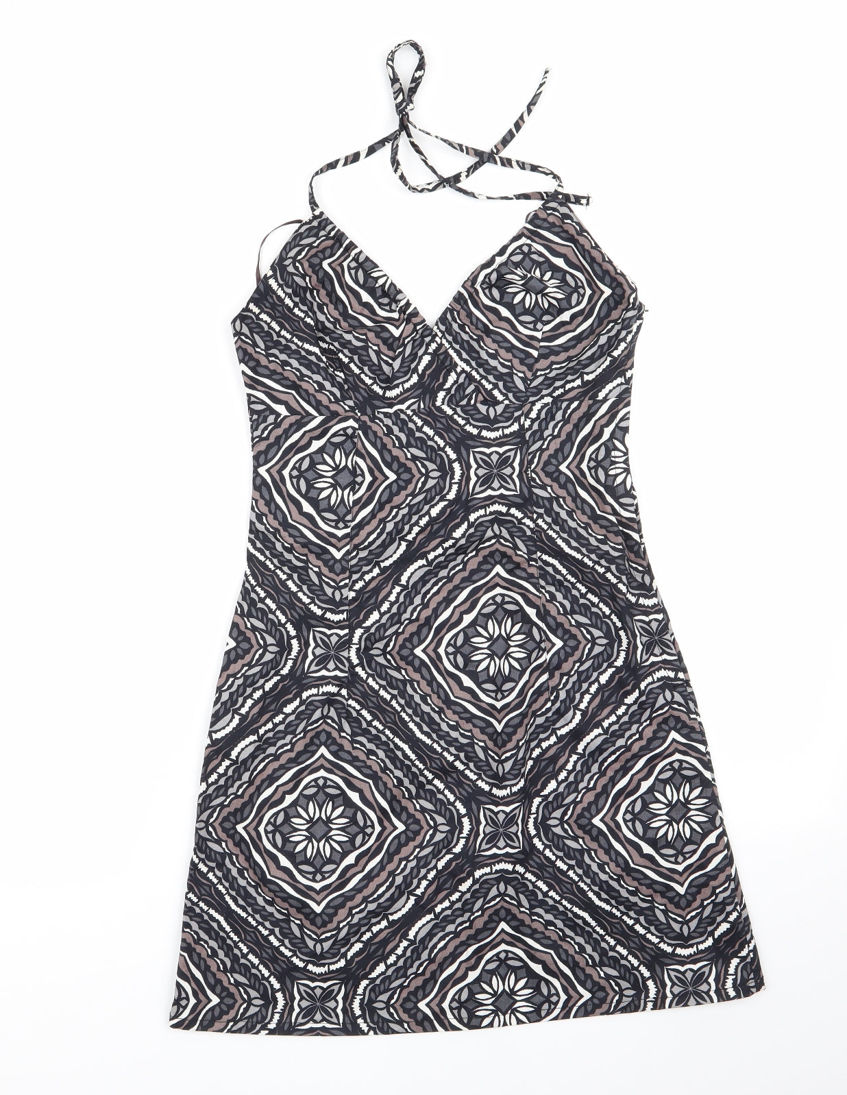 H&M  Womens Grey Geometric  A-Line  Size 6 Halter  - Side Zip Black Grey Taupe White Back Elastication