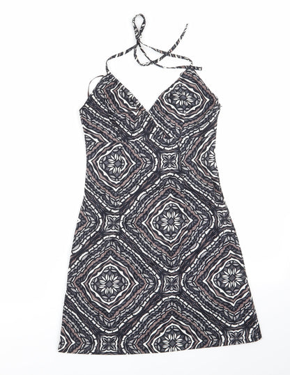H&M  Womens Grey Geometric  A-Line  Size 6 Halter  - Side Zip Black Grey Taupe White Back Elastication