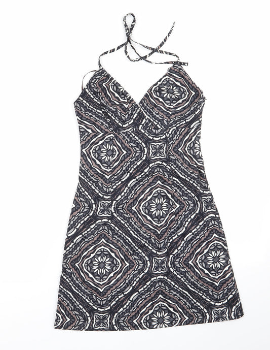 H&M  Womens Grey Geometric  A-Line  Size 6 Halter  - Side Zip Black Grey Taupe White Back Elastication