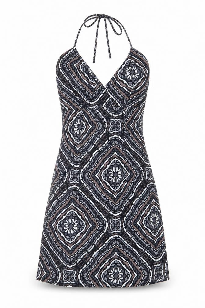 Front view of H&M women’s grey geometric a-line, size UK 6, halter - side zip black grey taupe white back elastication