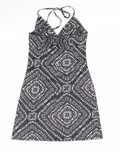 H&M  Womens Grey Geometric  A-Line  Size 6 Halter  - Side Zip Black Grey Taupe White Back Elastication