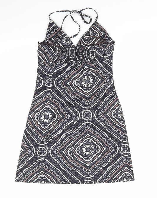 H&M  Womens Grey Geometric  A-Line  Size 6 Halter  - Side Zip Black Grey Taupe White Back Elastication