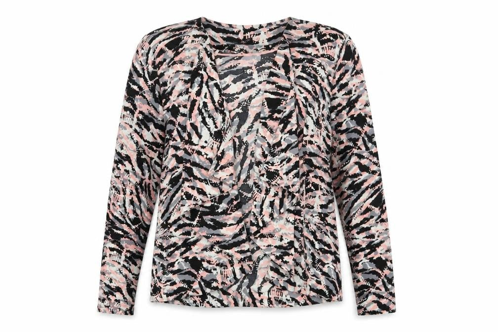 Front view of George women’s black animal print jacket, size UK 8, - waterfall jacket pink black ivory