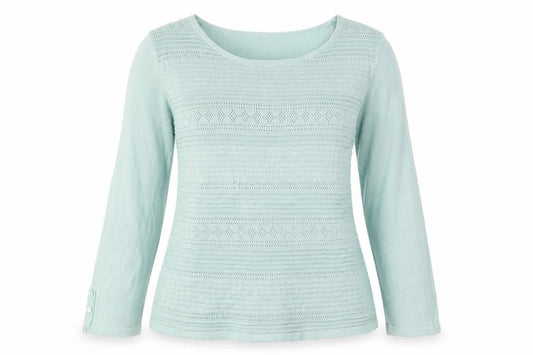 Front view of Isle women’s green round neck acrylic jumper, size S