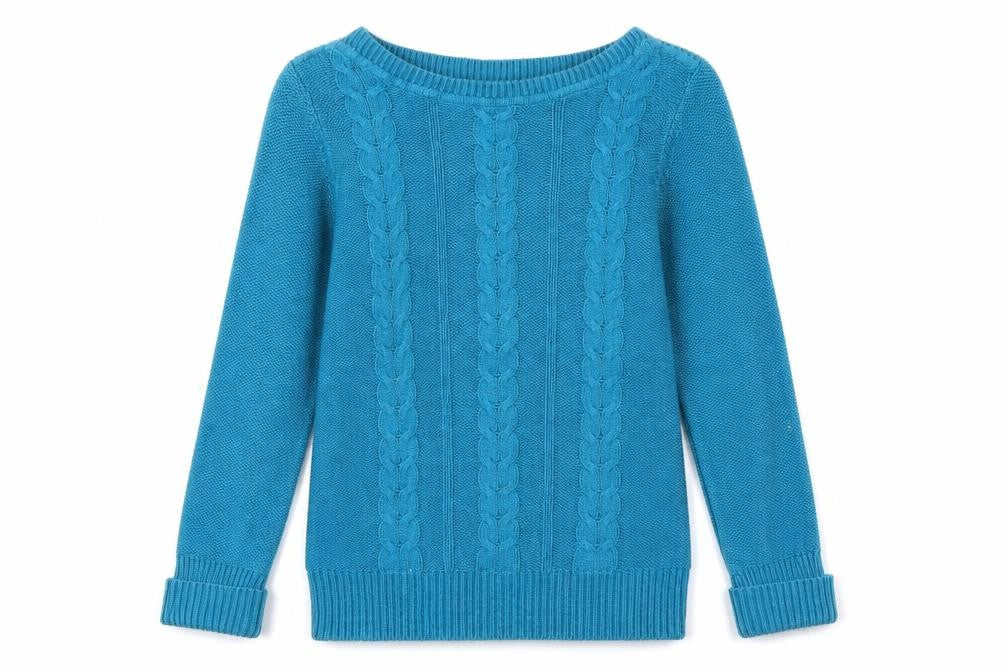 Front view of BHS women’s blue round neck acrylic jumper, size S