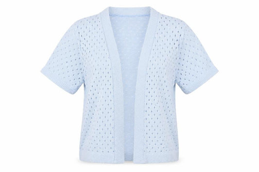 Front view of Monique women’s blue v-neck cotton cardigan jumper, size L