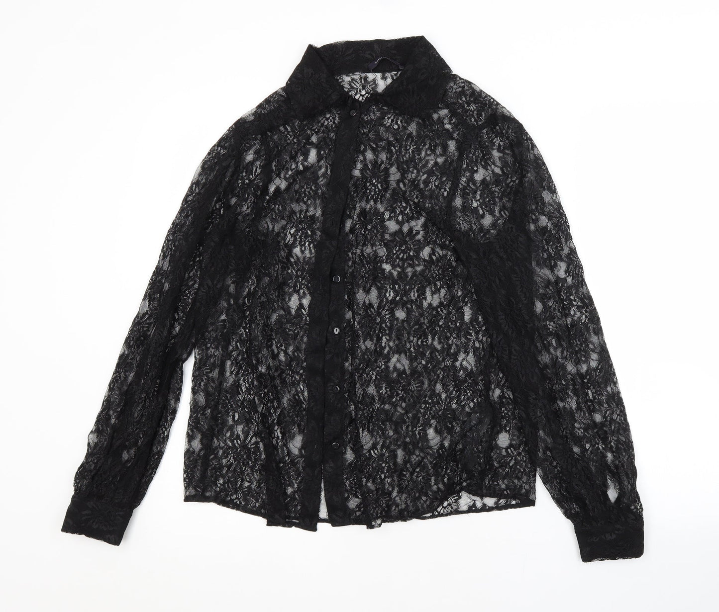 M&S Womens Black Floral Polyamide Basic Button-Up Size 12 Collared