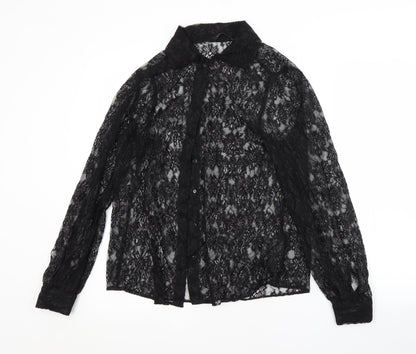 M&S Womens Black Floral Polyamide Basic Button-Up Size 12 Collared