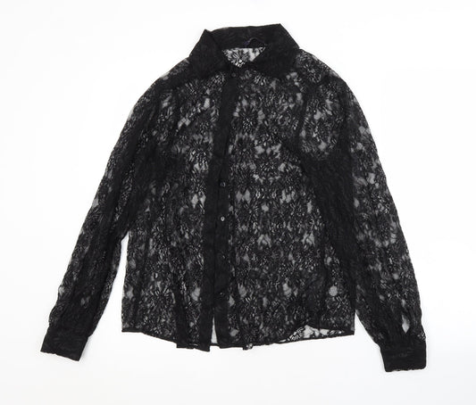 M&S Womens Black Floral Polyamide Basic Button-Up Size 12 Collared