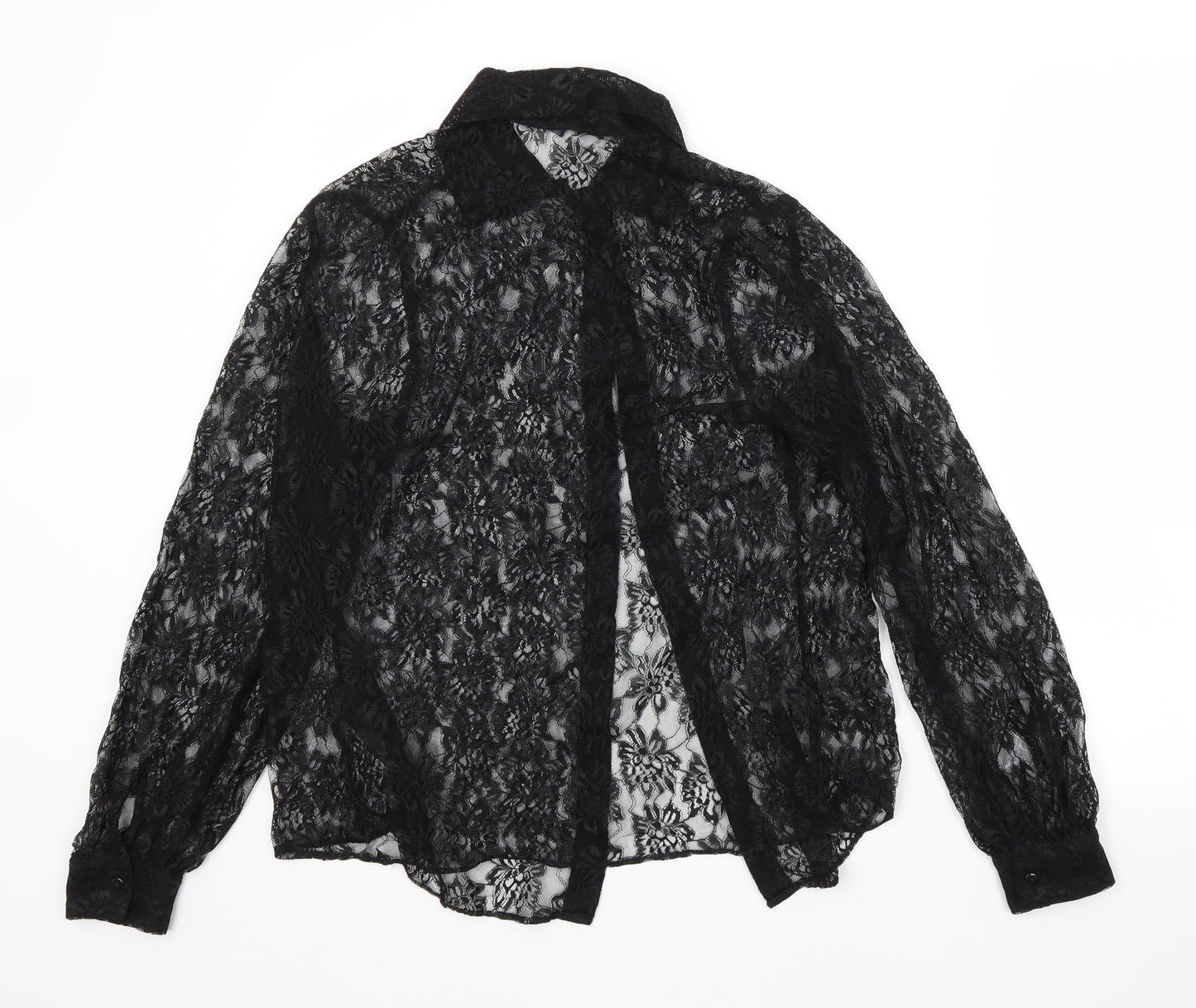 M&S Womens Black Floral Polyamide Basic Button-Up Size 12 Collared