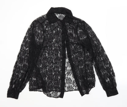 M&S Womens Black Floral Polyamide Basic Button-Up Size 12 Collared