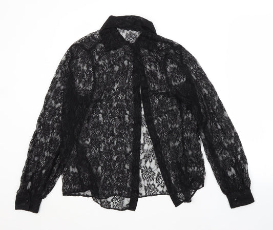 M&S Womens Black Floral Polyamide Basic Button-Up Size 12 Collared