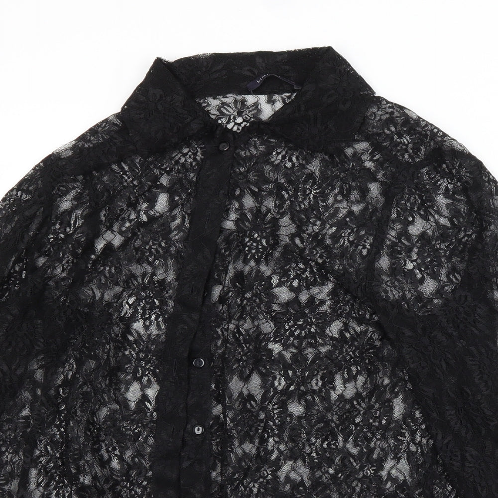 M&S Womens Black Floral Polyamide Basic Button-Up Size 12 Collared