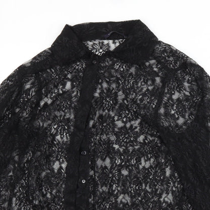 M&S Womens Black Floral Polyamide Basic Button-Up Size 12 Collared