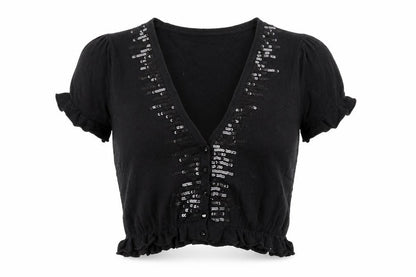 Front view of Therapy women’s black v-neck acrylic cardigan jumper, size UK 12