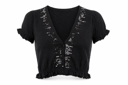 Front view of Therapy women’s black v-neck acrylic cardigan jumper, size UK 12