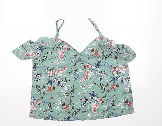 Shein  Womens Green Floral Polyester Basic Blouse Size L V-Neck