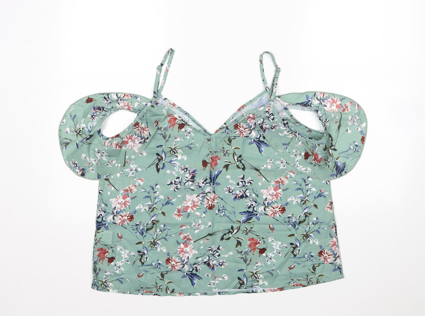 Shein  Womens Green Floral Polyester Basic Blouse Size L V-Neck