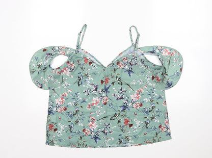 Shein  Womens Green Floral Polyester Basic Blouse Size L V-Neck