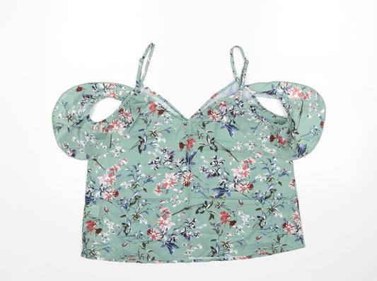 Shein  Womens Green Floral Polyester Basic Blouse Size L V-Neck