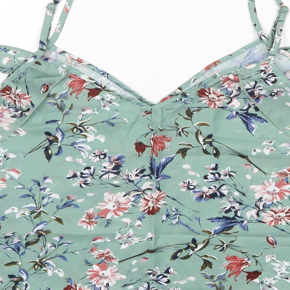 Shein  Womens Green Floral Polyester Basic Blouse Size L V-Neck