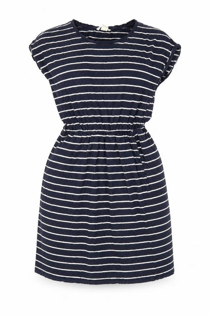 Front view of H&M women’s multicoloured striped cotton fit & flare, size S, round neck