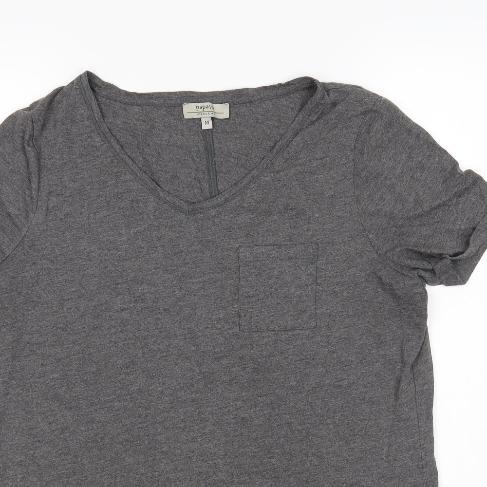 Papaya Womens Grey  Viscose Basic T-Shirt Size M V-Neck