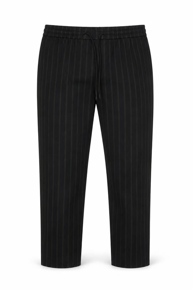 Front view of New Look men’s multicoloured striped polyester trousers, size L, 26-inch leg regular