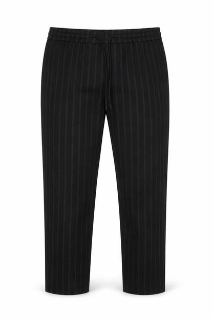 Front view of New Look men’s multicoloured striped polyester trousers, size L, 26-inch leg regular