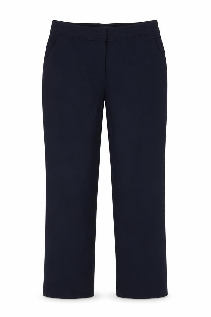 Front view of Marks & Spencer women’s blue polyester dress pants trousers, size UK 10, 28-inch leg regular