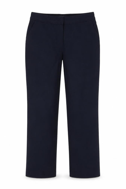 Front view of Marks & Spencer women’s blue polyester dress pants trousers, size UK 10, 28-inch leg regular