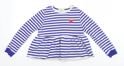 Marks and Spencer Girls Blue Round Neck Striped Cotton Pullover Jumper Size 9-10 Years