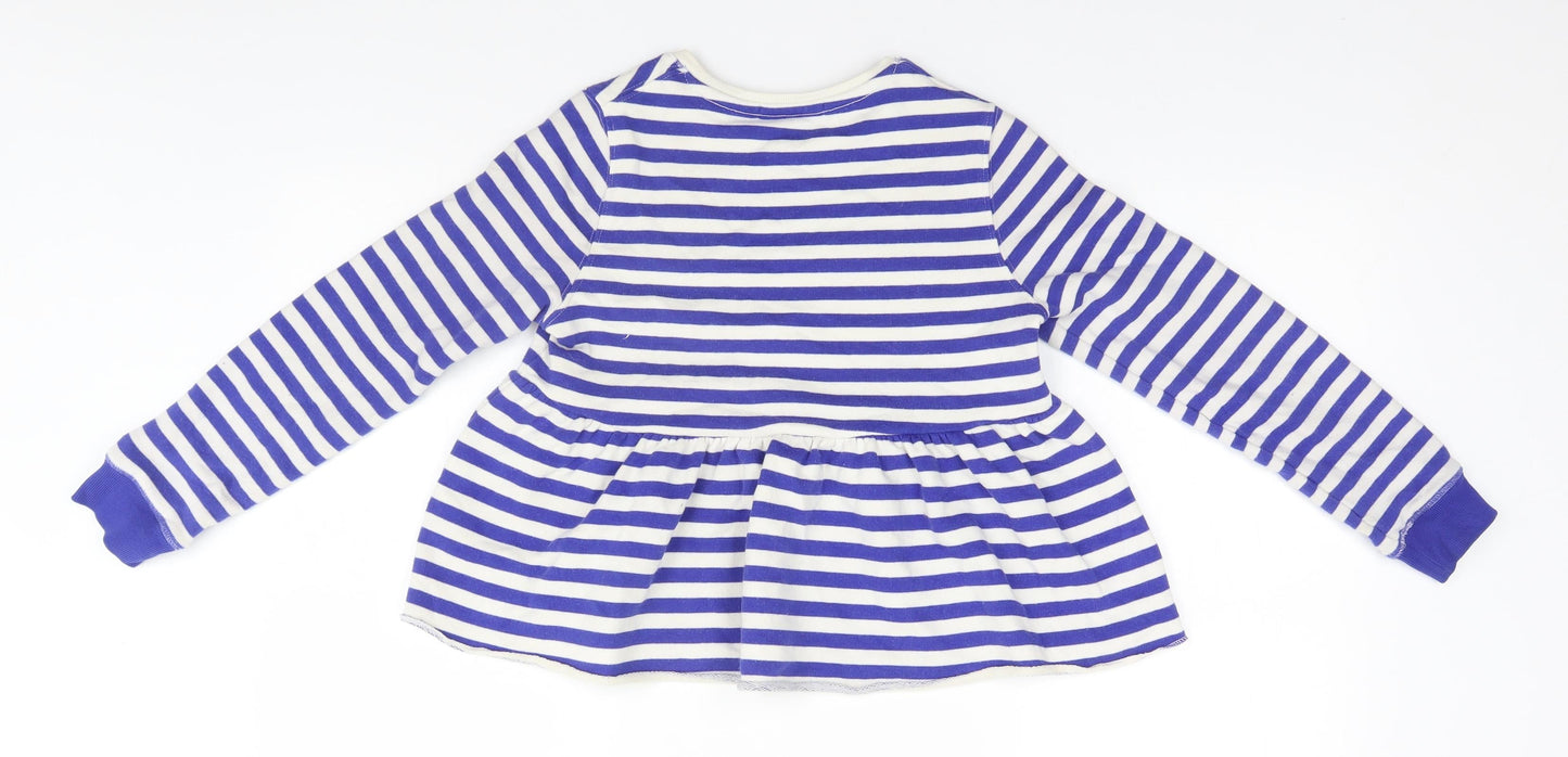 Marks and Spencer Girls Blue Round Neck Striped Cotton Pullover Jumper Size 9-10 Years