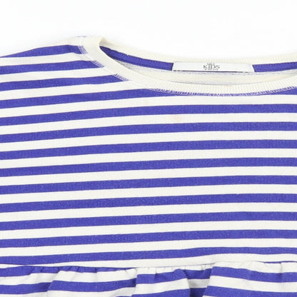Marks and Spencer Girls Blue Round Neck Striped Cotton Pullover Jumper Size 9-10 Years