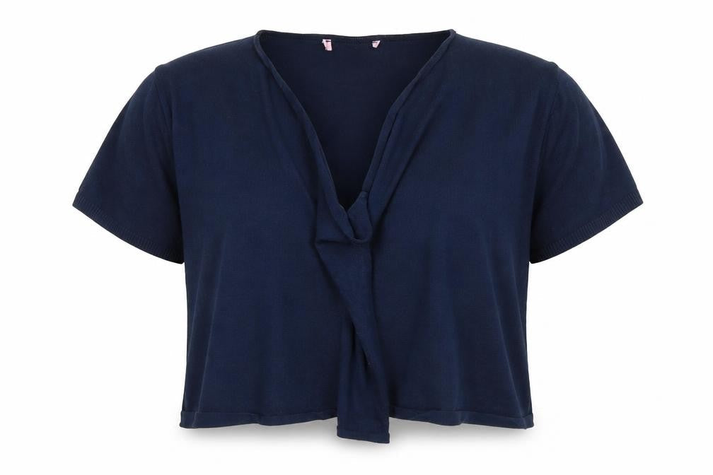 Front view of Per Una women’s blue round neck viscose cardigan jumper, size UK 14