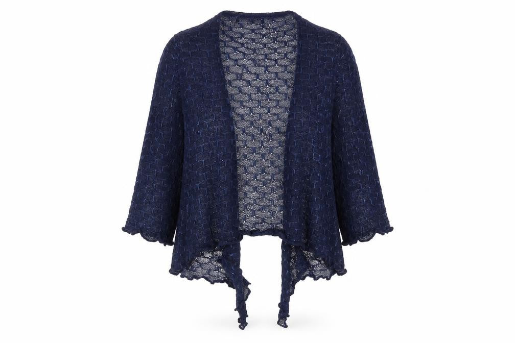 Front view of Preworn women’s blue round neck polyester cardigan jumper, size XL