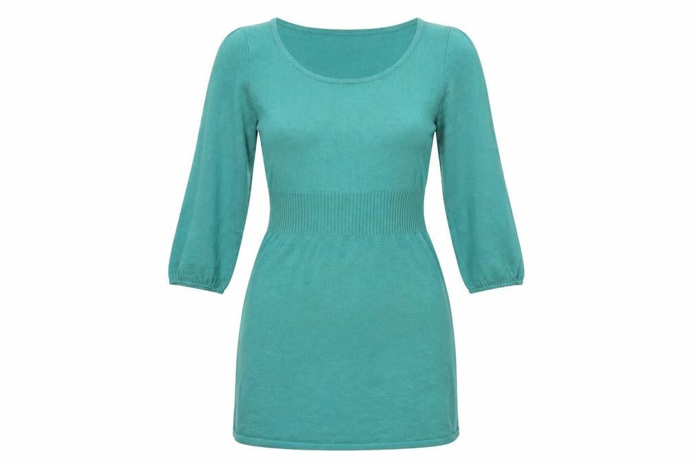 Front view of H&M women’s green acrylic a-line, size UK 10, round neck