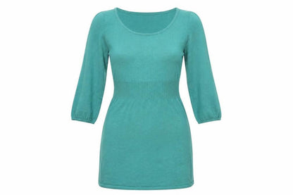 Front view of H&M women’s green acrylic a-line, size UK 10, round neck