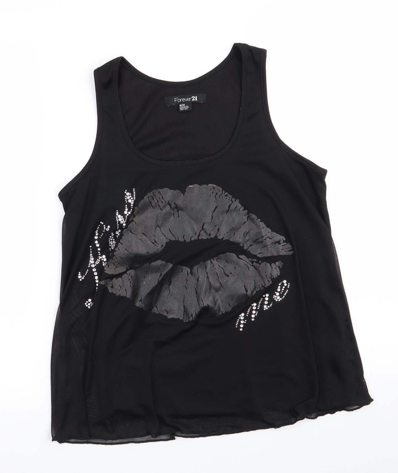 FOREVER 21 Womens Black  Polyester Basic Tank Size M Scoop Neck - Sheer Overlay Subtle Shimming Lip Art