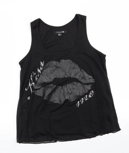 FOREVER 21 Womens Black  Polyester Basic Tank Size M Scoop Neck - Sheer Overlay Subtle Shimming Lip Art