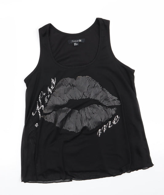 FOREVER 21 Womens Black  Polyester Basic Tank Size M Scoop Neck - Sheer Overlay Subtle Shimming Lip Art