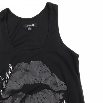 FOREVER 21 Womens Black  Polyester Basic Tank Size M Scoop Neck - Sheer Overlay Subtle Shimming Lip Art
