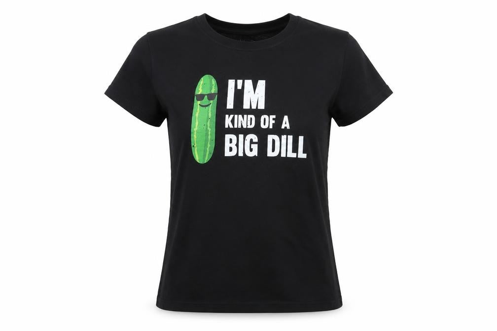 Front view of Port & Company women’s black cotton basic t-shirt, size M, round neck - i'm kind of a big dildo