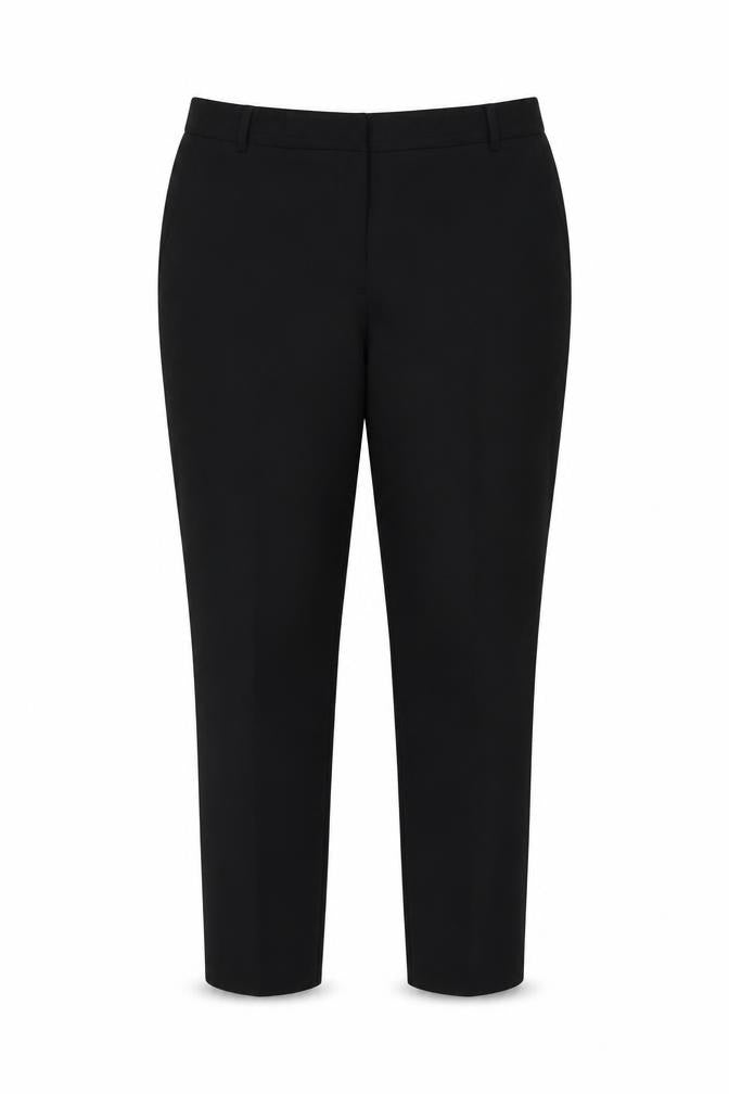 Front view of Peacocks women’s black polyester dress pants trousers, size UK 14, 27-inch leg regular