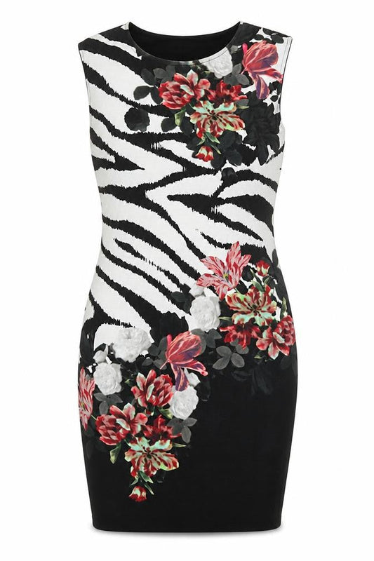 Front view of Rainbow women’s multicoloured animal print polyester bodycon, size S, round neck